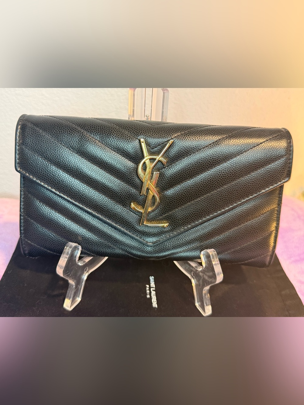 Authentic YSL Black Grained Leather Cassandre Matelassé Large Flap Wallet - Picture 2 of 14